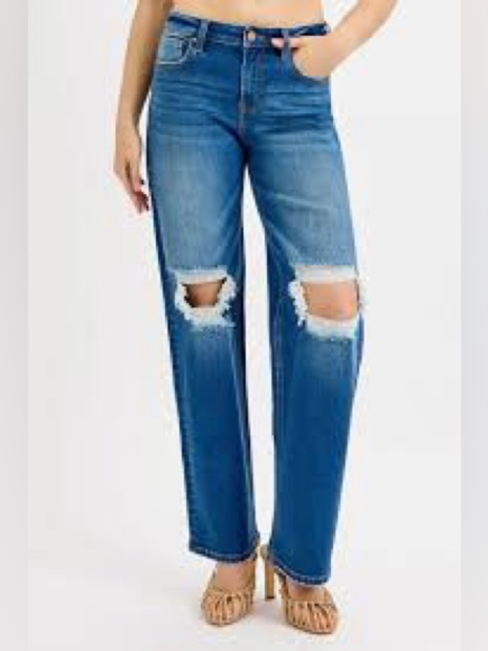 RISEN Mid-Rise Boyfriend Distressed Torn Knee Hole Jeans Straight Leg Jeans 0/24